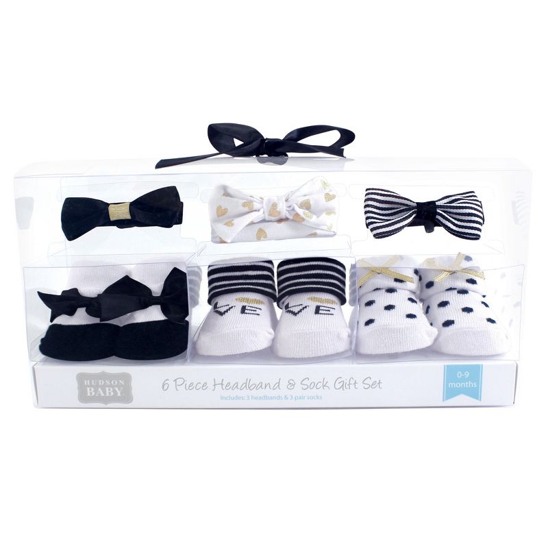 Hudson Baby Infant Girl Headband and Socks Giftset 6pc, Black Gold, One Size, 3 of 4