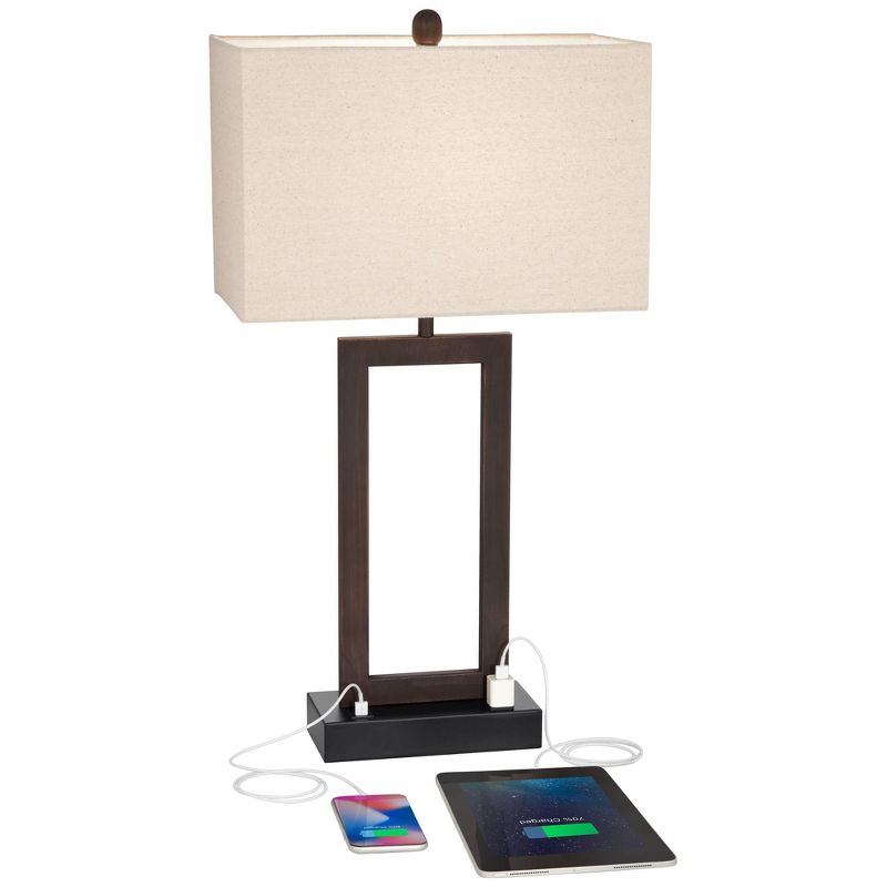 360 Lighting Todd Modern Table Lamps 30" Tall Set of 2 Bronze with USB and AC Power Outlet in Base Oatmeal Shade for Bedroom Living Room Bedside Desk, 3 of 10