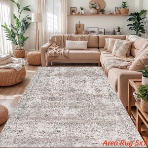 Vintage Area Rug 5x7 /6x9 Boho Washable Rug, Soft Thin Non Slip Low Pile Carpet, Distressed Floral Printed Floor Carpet - 1 of 4