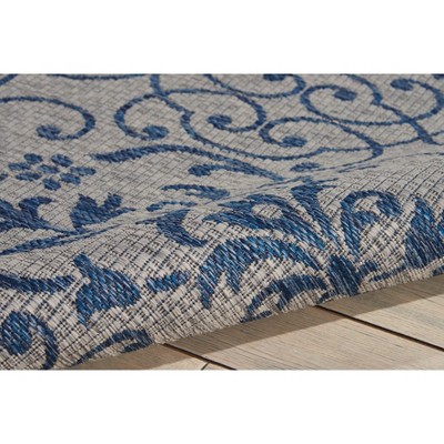 Country Side Chic Blue and Ivory Leaf Design Outdoor Rug
