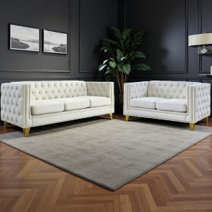 3+2 Velvet Sofa Set with Tufted Design & Nailhead Trim - 1 of 4