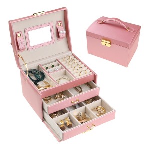 Unique Bargains PU Leather 3 Layer Birthday Gifts Jewelry Organizer Storage Holder with Drawer and Mirror - 1 of 4
