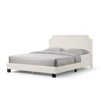 HOMES: Inside + Out Queen Heartwild Modern Boucle Upholstered Nailhead Trim Platform Bed White
