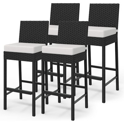 Patio Wicker Barstools With Cushions, Outdoor Rattan Bar Height Stool Set Armless