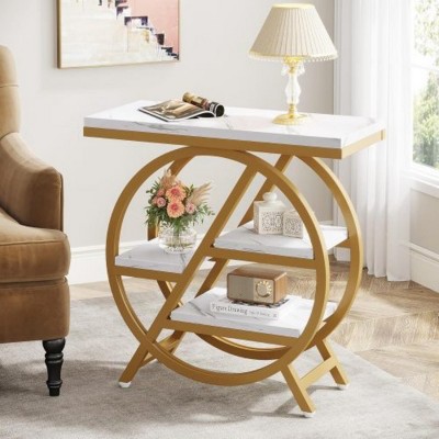 Syemin End Tables 3-Tier Narrow End Table with Storage, Modern Marble Sofa Side Table, Design Geometric Accent Table, Brown, 25.59"*11.81"*25.59"