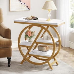 Syemin End Tables 3-Tier Narrow End Table with Storage, Modern Marble Sofa Side Table, Design Geometric Accent Table, Brown, 25.59"*11.81"*25.59" - 1 of 4