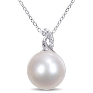 EVERLY JEWELRY | Sterling Silver 12-12.5mm White Cultured Freshwater Pearl and Diamond Twist Pendant with Chain, 18" - 1 of 4