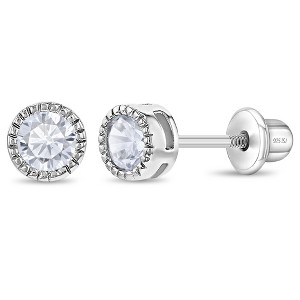 Girl's Trim Bezel Round CZ Screw Back Sterling Silver Earrings - In Season Jewelry - 1 of 4