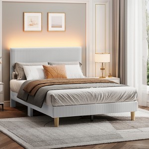 Bestier Corduroy Upholstered Queen Bed Frame with Adjustable Headboard, Platform Bed Frame with LED Light, Solid Wood Slats, No Box Spring Needed - 1 of 4