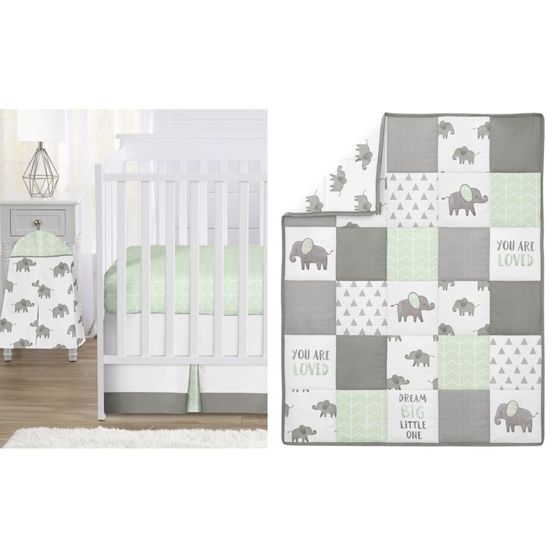 Sweet Jojo Designs Boy Girl Gender Neutral Unisex Baby Crib Bedding Set - Elephant Collection Green, Grey and White 4pc, 1 of 8