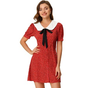 Allegra K Women's Peter Pan Collar Flowy Short Sleeve Ruffle Summer Floral Shirt Dress - 1 of 4