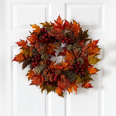 Autumn Maple and Berry Artificial Wreath with Pinecones