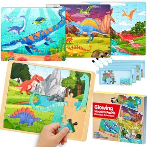 4 in 1 Dinosaur Wooden Puzzles for Toddlers Glow in The Dark Jigsaw Puzzles Educational Preschool Toys Christmas Birthday Gifts for Boys Girls Age 3-5 - 1 of 4