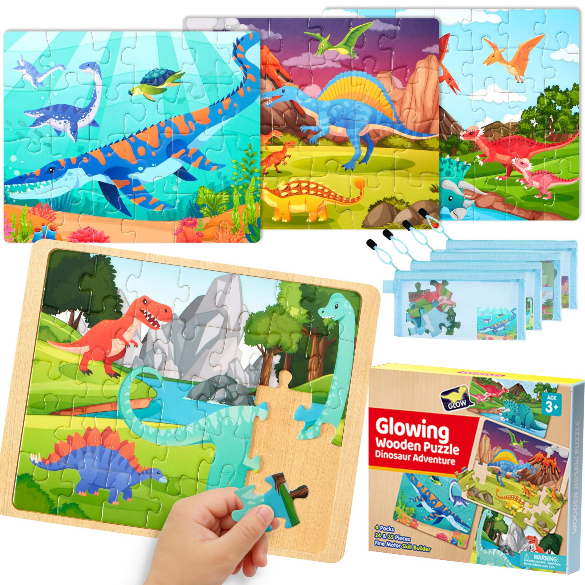 Jigsaw Puzzles with Wooden Puzzle Board & Storage Bags for Toddlers Age 3-5 Dinosaur Princess Unicorn Mermaid Fairy Puzzle Toys Easter Birthday Gifts