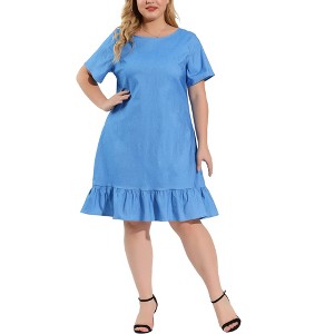 Agnes Orinda Women's Plus Size Cross Back Ruffle Hem Formal Chambray T-Shirt Dresses - 1 of 4