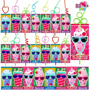 Joyfy 36/32 Packs Valentines Day Party Favor Straws with Cards for Kids' Classroom Exchange Gifts Reusable Drinking Straws for School Valentine Party - 1 of 4