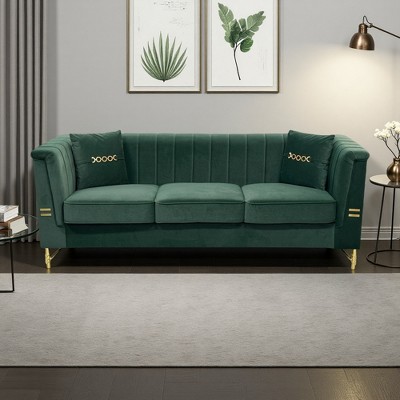 82.67" Velvet Chesterfield 3-Seater Sofa with Gold Legs & Pillows