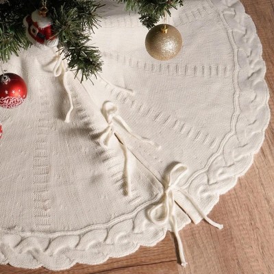 WOPET White Knitted Christmas Tree Skirt - 48" Rustic Farmhouse Cable Knit Tree Mat for Holiday Party Decor