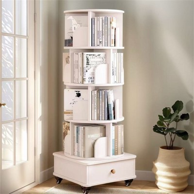 SKRAN Rotating Bookshelf with Drawer, 360 Display Tier Corner Bookshelf, Floor Standing Bookcase Storage Rack for Bedroom, Living Room