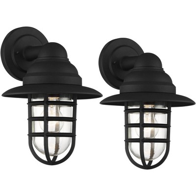 John Timberland Industrial Farmhouse Outdoor Barn Light Set of 2 Fixture Black 13" Hooded Metal Cage Clear Glass Exterior House Porch Patio