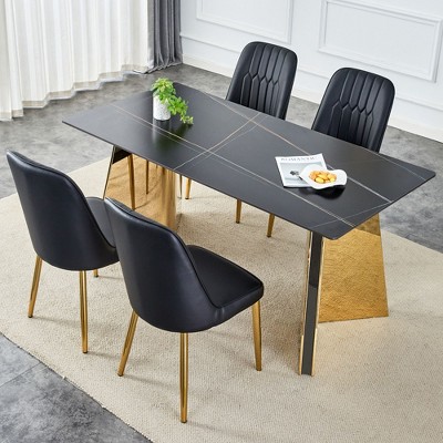 NicBex 5 PCS/7 PCS Marble-Patterned Slabs Dining Table Set with Gold Stainless Steel Butterfly Legs,4/6 PU Chairs for Kitchen/Apartment