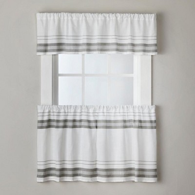 White and Gray Striped Polyester Rod Pocket Window Tiers