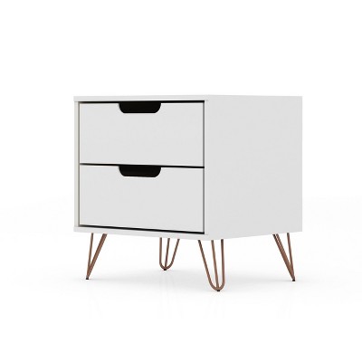 White Mid-Century Modern 2-Drawer Nightstand with Metal Legs