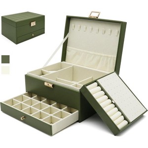 3-Layer Leather Jewelry Organizer Box, Large Storage Case for Earrings, Rings, Necklaces & Watches, Olive Green - 1 of 4