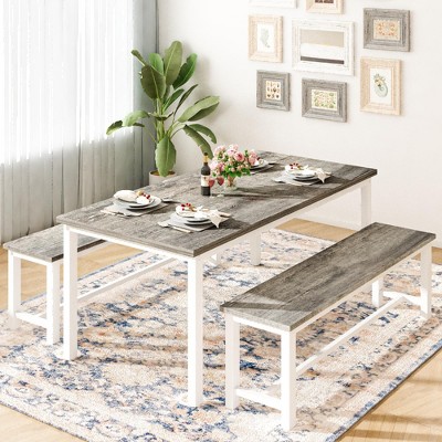 Hooseng 3-Piece Dining Table Set wtih 2 Benches, Farmhouse Style Dining Room Set for 4, Particle Board Table Top and Robust Metal Frame Dinette Set