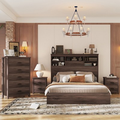 4-Pieces Bedroom Sets, Queen Size Vintage Wooden Bed Frame With 2 Nightstands And 1 Dresser, Queen Bed Frame With Headboard-Cuddlewood