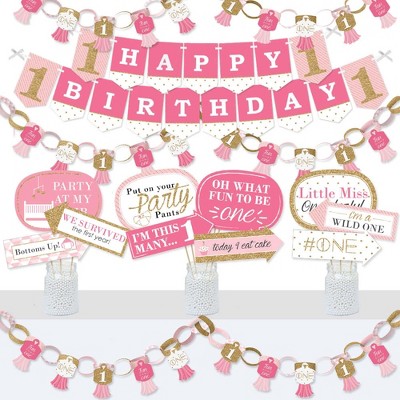 Big Dot of Happiness 1st Birthday Girl - Fun to be One - Banner and Photo Booth Decorations - First Birthday Party Supplies Kit - Doterrific Bundle