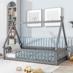 TIRAMISUBEST Twin Size Tent-shaped Floor Bed without Door, Montessori Bed with Guardrails and Slats Support for Kids - 1 of 4