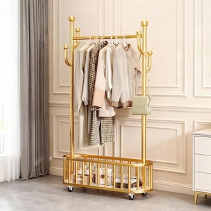 Freestanding Clothes Rack w/ Storage Basket & Hooks - Mobile Multi-Functional Hanging Rack w/ Wheels for Bedroom, Living Room - 1 of 4
