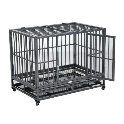 PawHut 36" Heavy Duty Dog Crate Metal Cage Kennel with Lockable Wheels, Double Door and Removable Tray, Gray