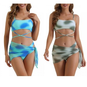 INSPIRE CHIC Women's Adjustable Spaghetti Straps Strappy Triangle Bottoms with Mesh Skirt Bathing Bikini Suit 2 Sets - 1 of 4