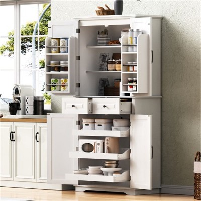 "LunaLulinlk 71"" Tall Kitchen Pantry Cabinet with 3 Pull Out Cabinet Organizers, Farmhouse Embossed Texture Storage Cabinet "