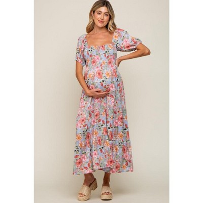 PinkBlush Blue Floral Smocked Square Neck Tiered Maternity Maxi Dress