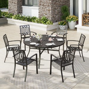 Captiva Designs 7pc Black Round Slatted Steel Table with Umbrella Hole& Metal Armrest Chairs - 1 of 4