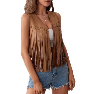 Women Fringe Vest Hippie Style Sleeveless Casual Open Front Vest - 1 of 4
