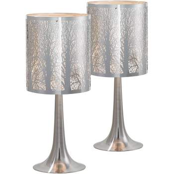 Possini Euro Design Modern Accent Table Lamps 19" High Set of 2 Glossy Chrome Metal Laser Cut Tree Branch Drum Shade for Bedroom Living Room Bedside
