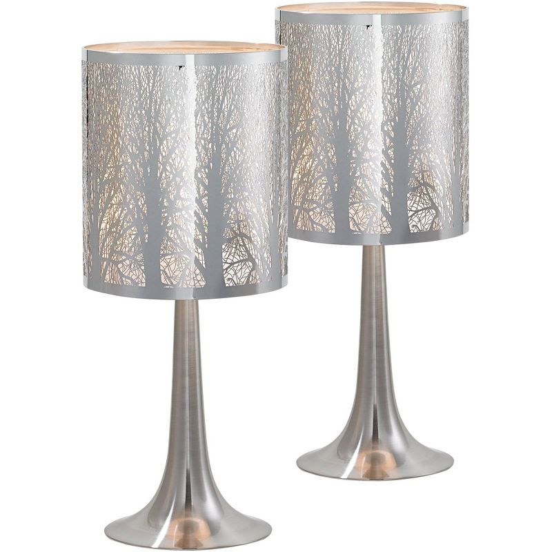 Possini Euro Design Modern Accent Table Lamps 19" High Set of 2 Glossy Chrome Metal Laser Cut Tree Branch Drum Shade for Bedroom Living Room Bedside, 1 of 6