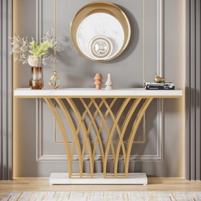 Syemin Console Tables Gold Console Table, Modern Faux Marble Entryway Table with Grid Metal Base, Narrow Accent Sofa Table, Brown, 59.06"*11.6"*31.5"