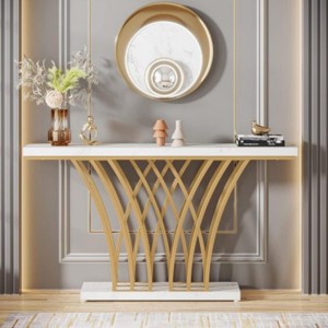 Syemin Console Tables Gold Console Table, Modern Faux Marble Entryway Table with Grid Metal Base, Narrow Accent Sofa Table, Brown, 59.06"*11.6"*31.5" - 1 of 4