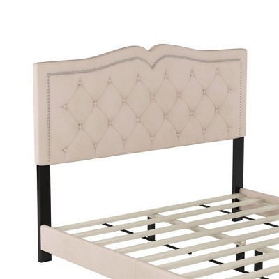 Bed Frame Upholstered Platform Bed with Tufted Headboard Rivet Trim, Modern Frame Bed, No Box Spring Needed, 10 Slats Supports, Easy Assembly