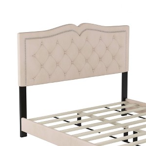 Bed Frame Upholstered Platform Bed with Tufted Headboard Rivet Trim, Modern Frame Bed, No Box Spring Needed, 10 Slats Supports, Easy Assembly - 1 of 4