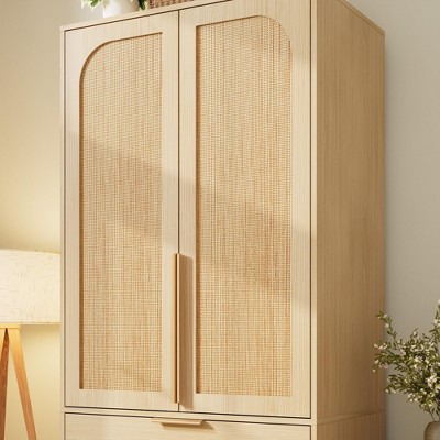 Armoire Wardrobe Closet, Rattan Wardrobe Cabinet with 2 Doors, Handing Rod & 3 Drawers, 70" Tall Wooden Bedroom Armoires for Clothes, 31.5" Wide