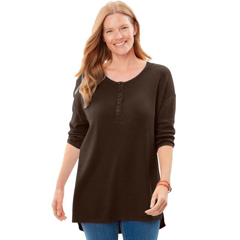 Woman Within Women's Plus Size Washed Thermal High-Low Henley Tunic, 1 of 2