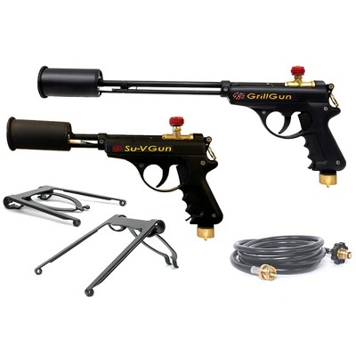 GrillBlazer GrillGun and Su-VGun Handheld Grill and Blowtorch Charcoal Fire Starter Combo Set with 2 Vertical Propane Bottle Stands and 8 Foot Hose