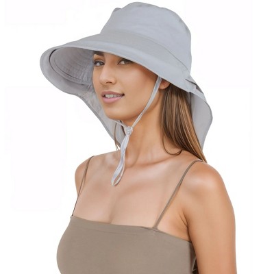 M420 Grey Flower Women's Round Brim Cotton Sun Hat – Summer Beach Bucket Cap