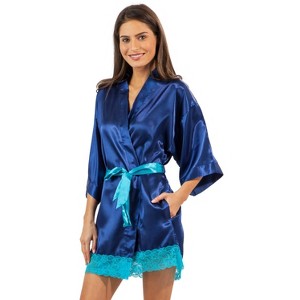 Ashford & Brooks Women's Satin Lace Short Duster Robe - 1 of 4